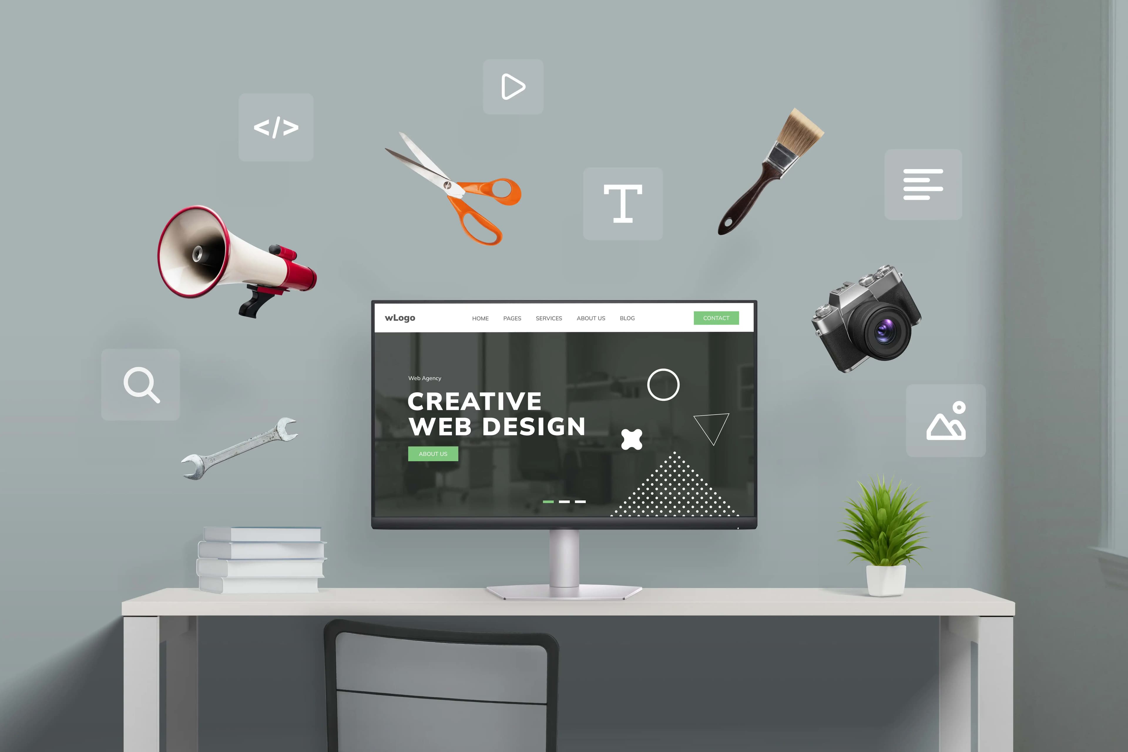 Bureau avec un écran qui affiche un site web et des Object qui flotte autour .