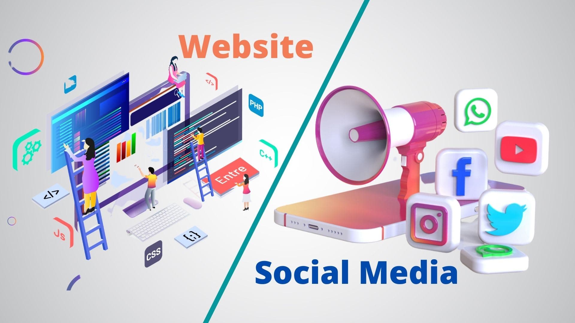 illustration de mise en place de site web et logos de réseau sociaux